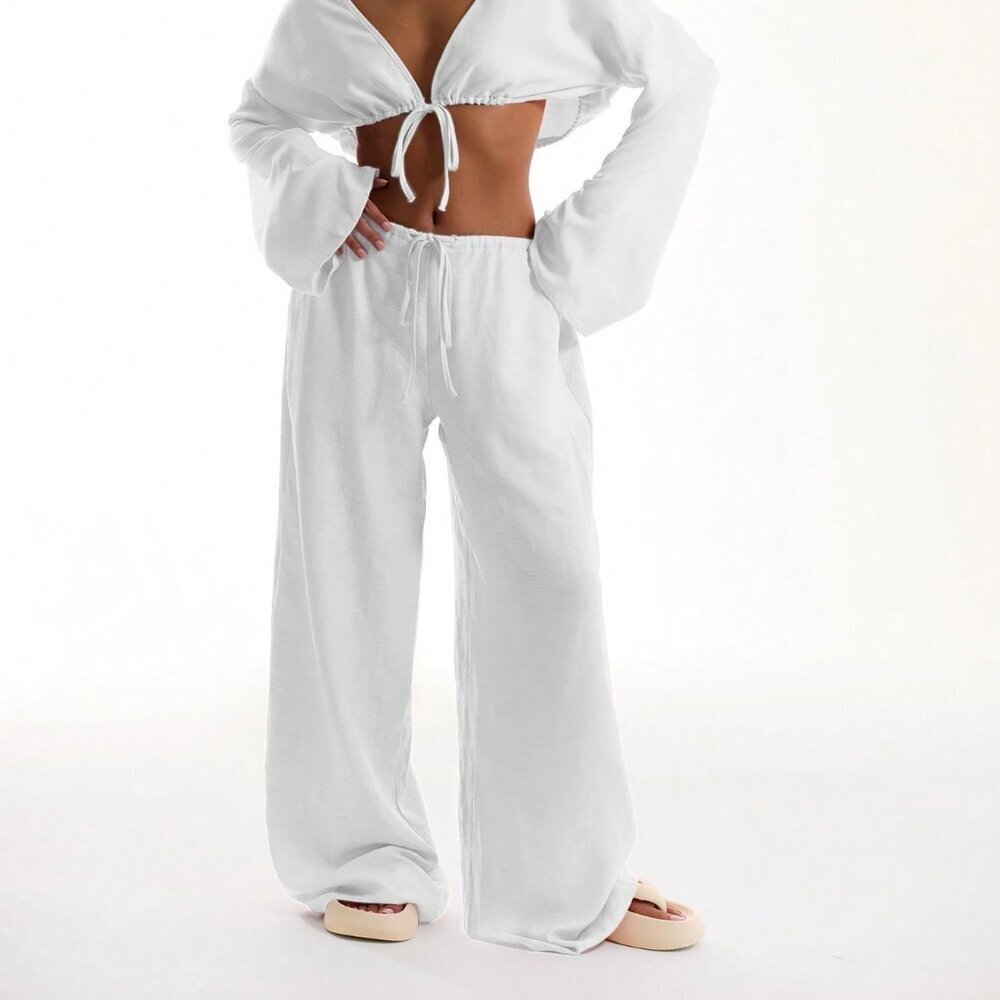 White Boho Elegant Women's Beach Trousers